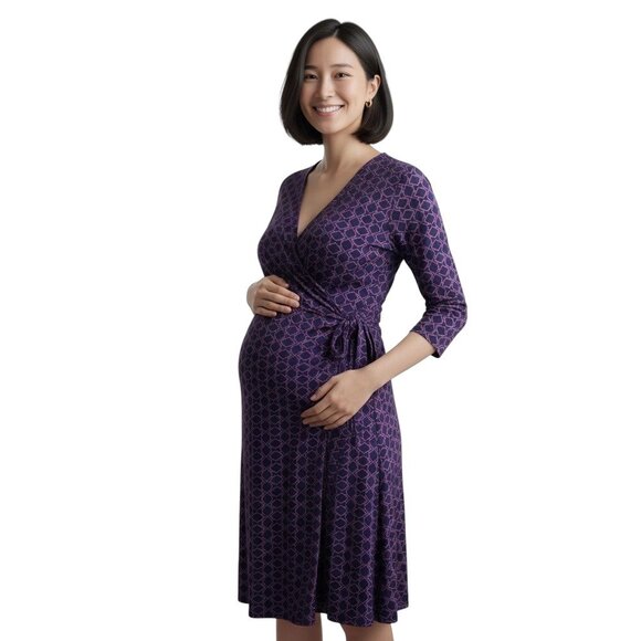 Motherhood Maternity Wrap Dress Medium Purple Pink Geometric Pattern Three-Quart - Picture 1 of 8